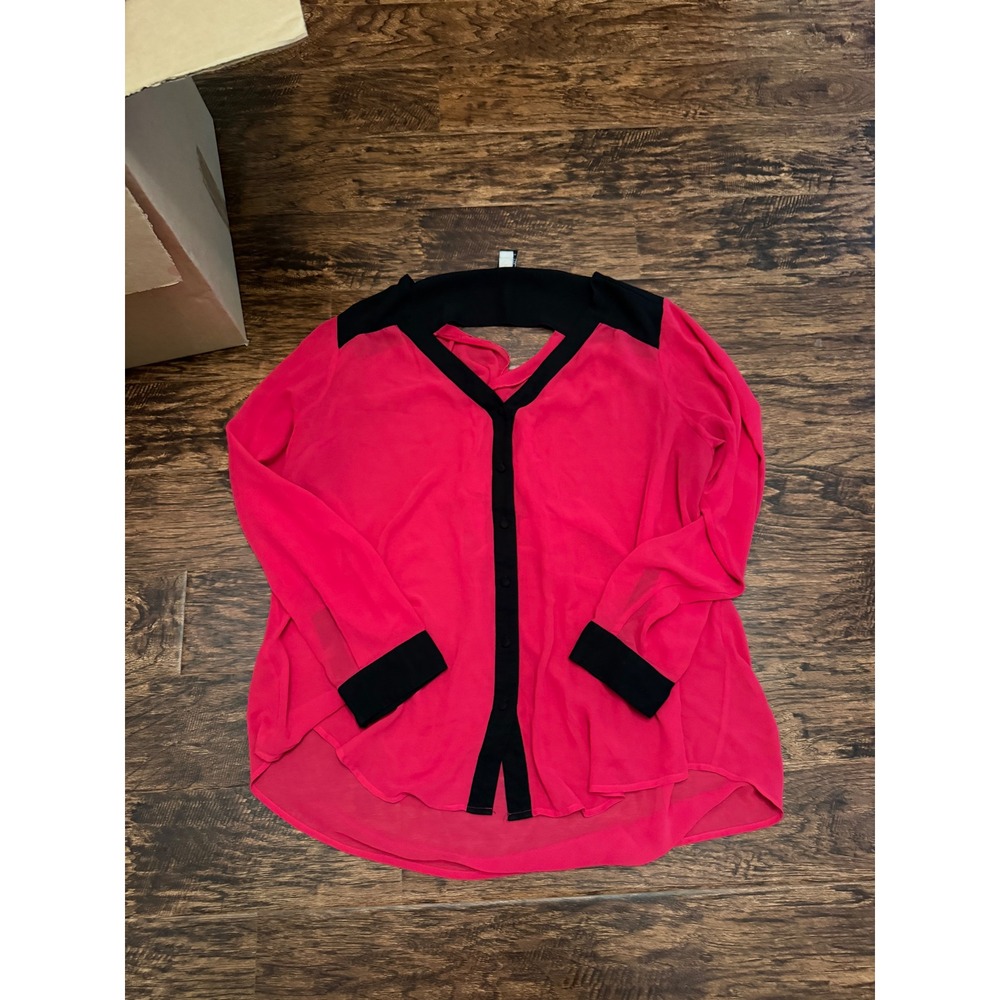 Torrid Womens Size 2 Red Chiffon Long Sleeve Cutout Back Blouse Black Trim Top